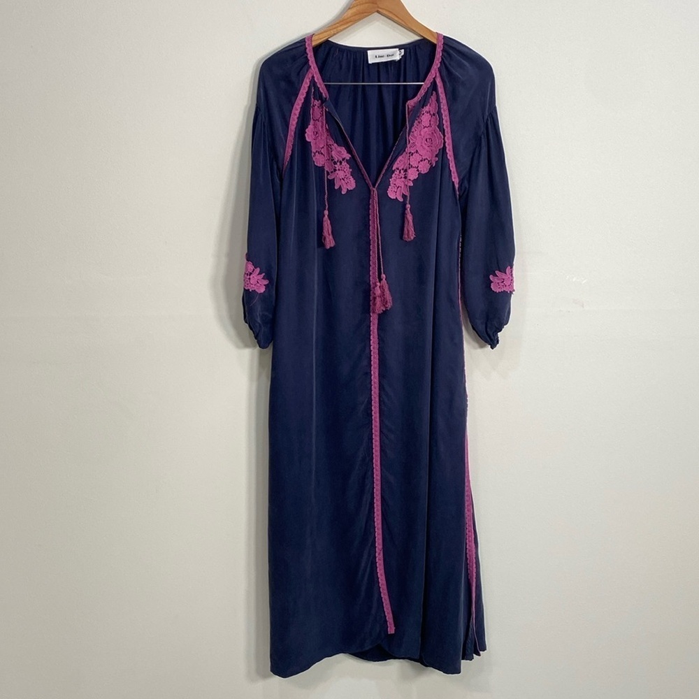 Line + Dot Embroidered Midi Dress Puffed Sleeves Small Blue